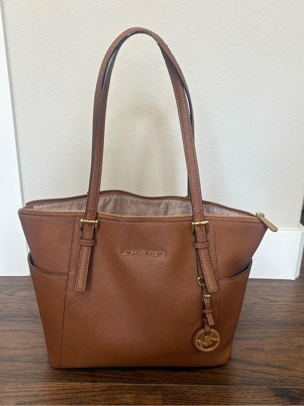 Michael Kors Jet Set Tote Brown Saffiano Leather Shoulder Bag MK Charm